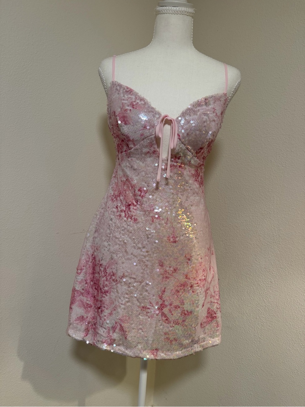B Darlin Pink 🩷🤍 Sequin Tie-Front Mini Slip Dress Bow Open Back Peak a Boo Prom